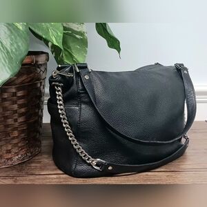 Michael Kors Black Leather Tote with Silver Hardware, Iconic MK Hang Tag